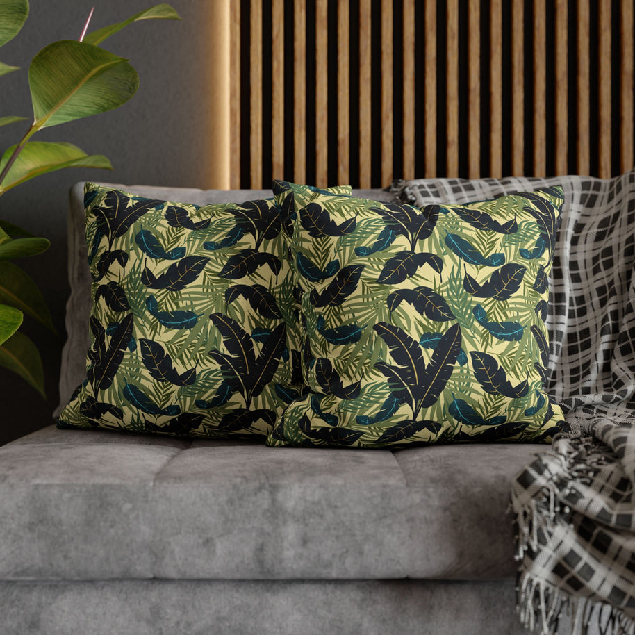 Botanical Navy Teal Green and Cream Tropical Motif - Decorative Pillow Cover