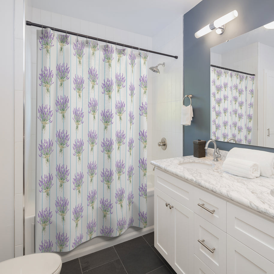 Lavender Bouquet with Light Blue Stripes - Shower Curtain