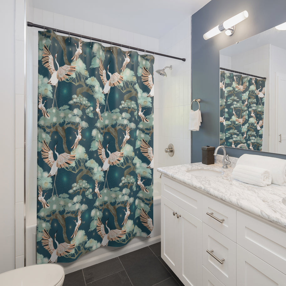 Crane and Bonsai with Teal - Shower Curtain