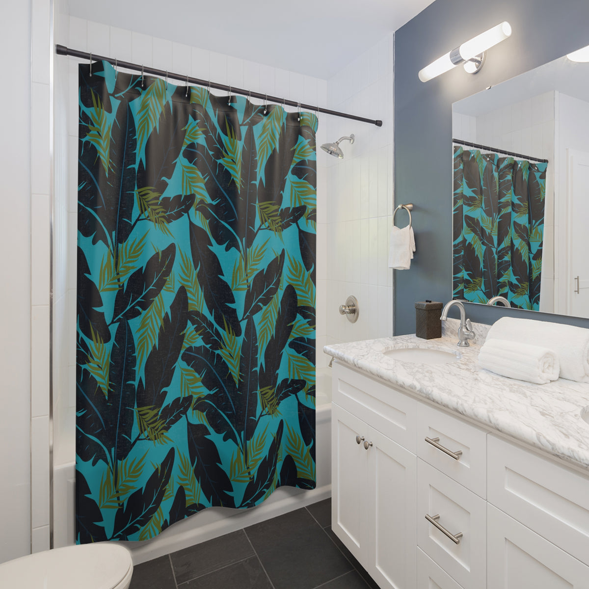 Botanical Navy Blue and Green Tropical Motif - Shower Curtain