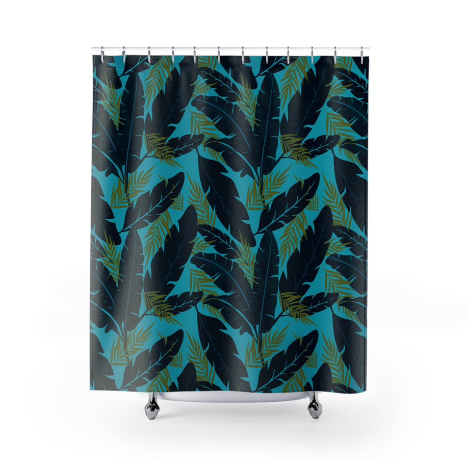 Botanical Navy Blue and Green Tropical Motif - Shower Curtain