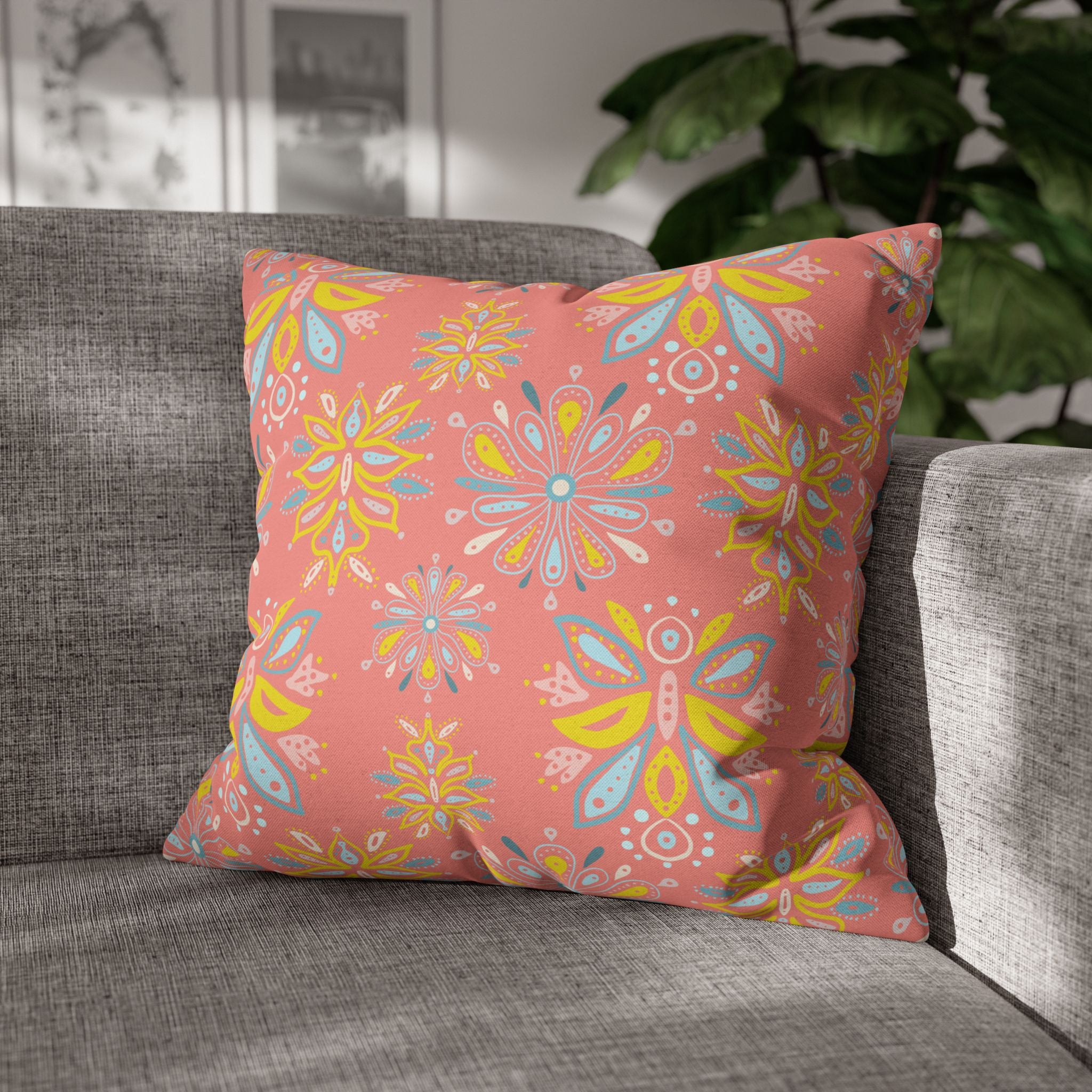 Hand Drawn Organic Pattern Yellow Blue and Pink - Decorative Pillow Cover