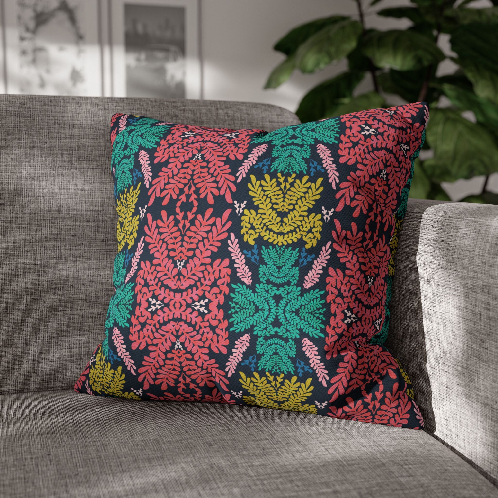 Pink Teal Blue and Mustard Botanical - Decorative Pillow Cover