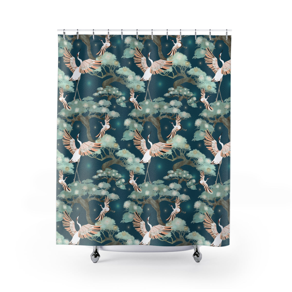 Crane and Bonsai with Teal - Shower Curtain