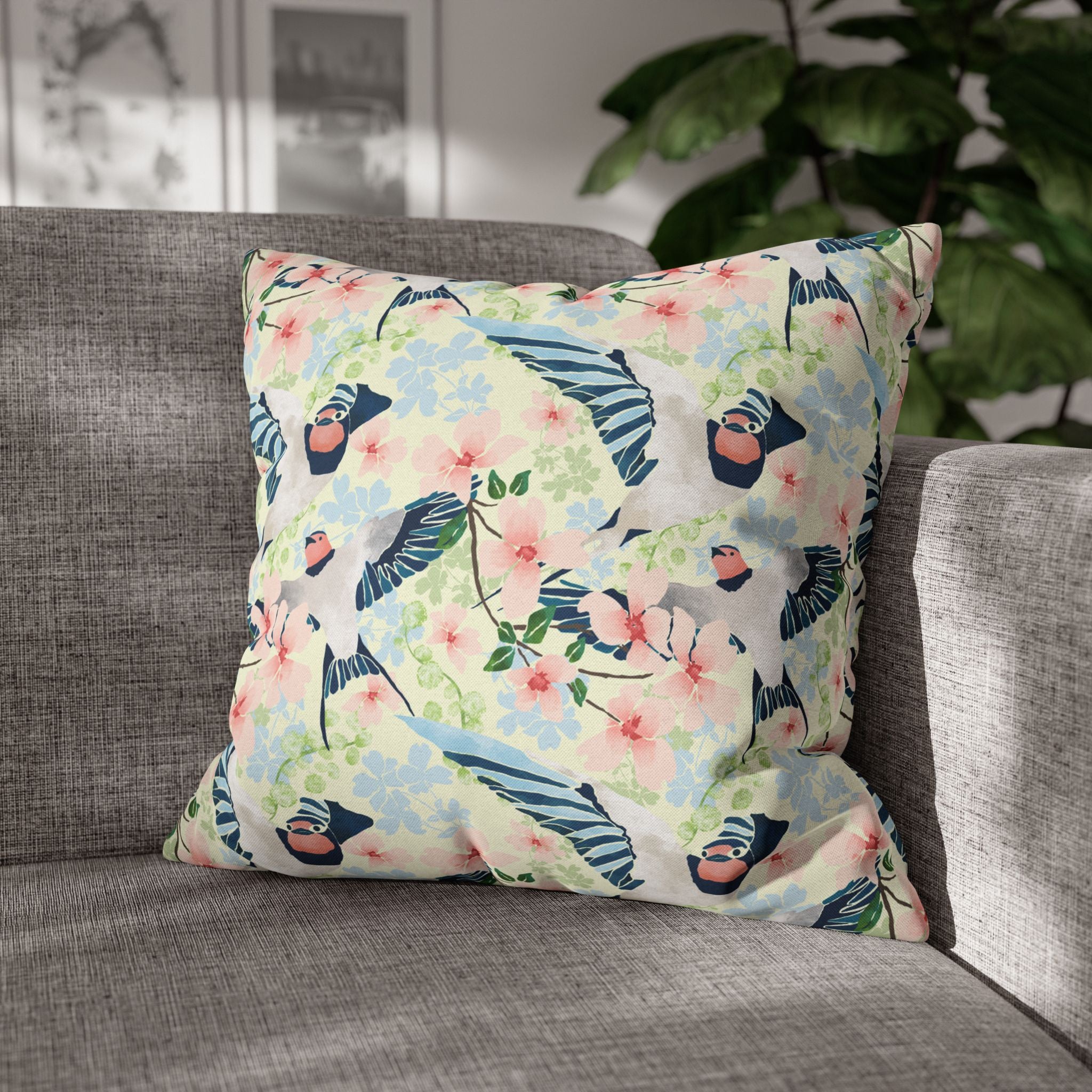 Swallows and Blossoms with Yellow - Decorative Pillow Cover