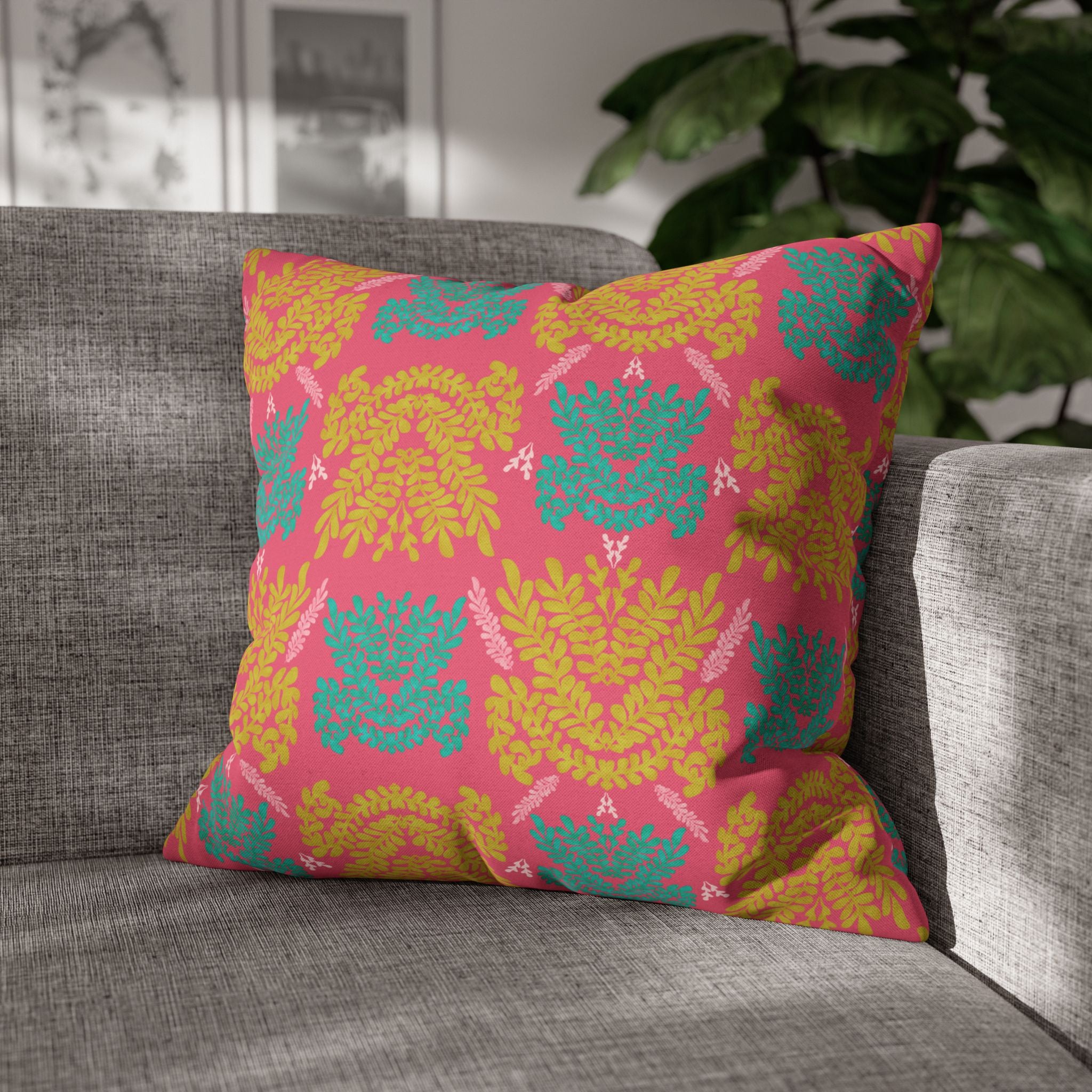 Color Pop Botanical with Mustard Teal and Pink - Decorative Pillow Cover