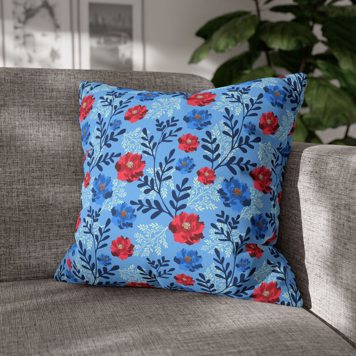 Botanical Floral Blue and Fuchsia - Decorative Pillow Cover
