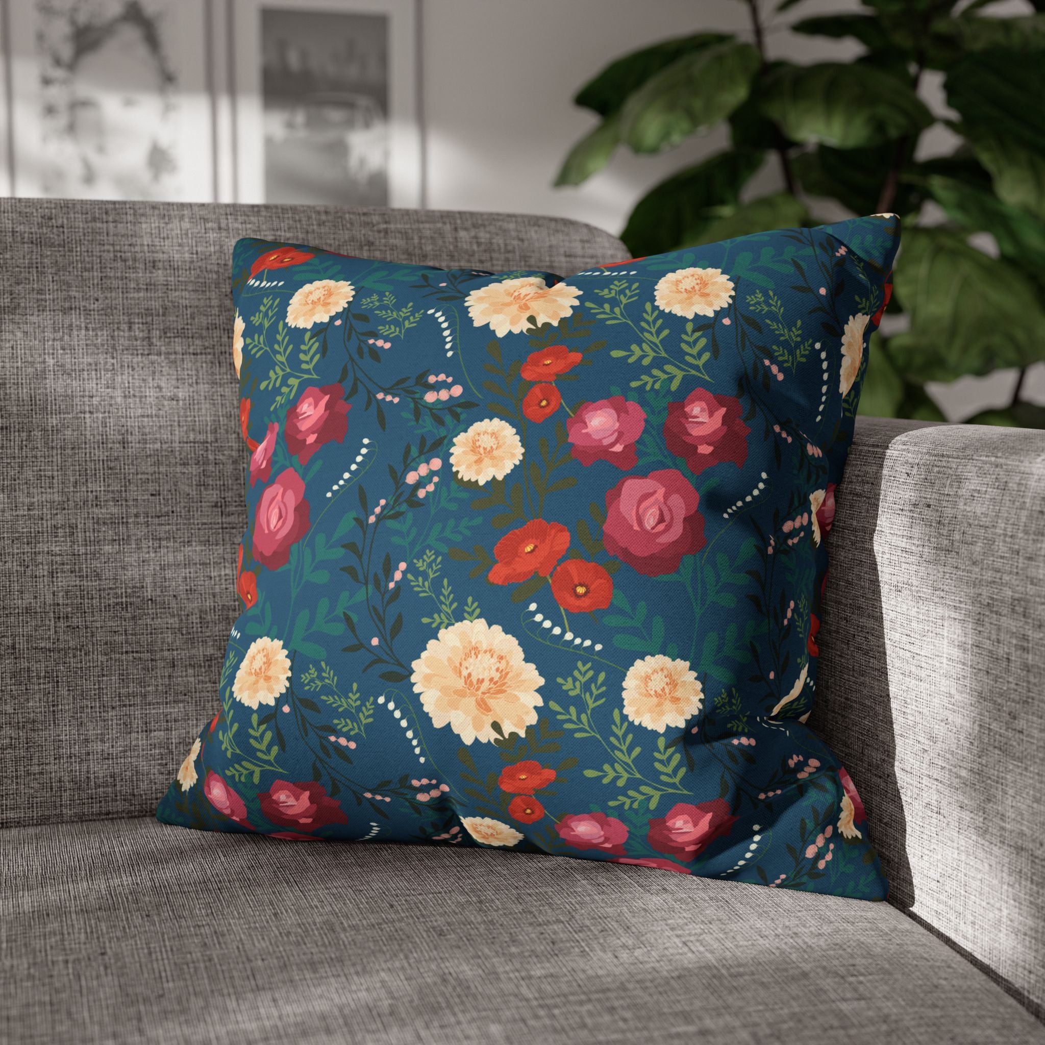 Vibrant Floral with Blue - Decorative Pillow Cover
