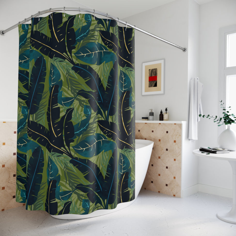 Botanical Navy Teal and Green Tropical Motif - Shower Curtain