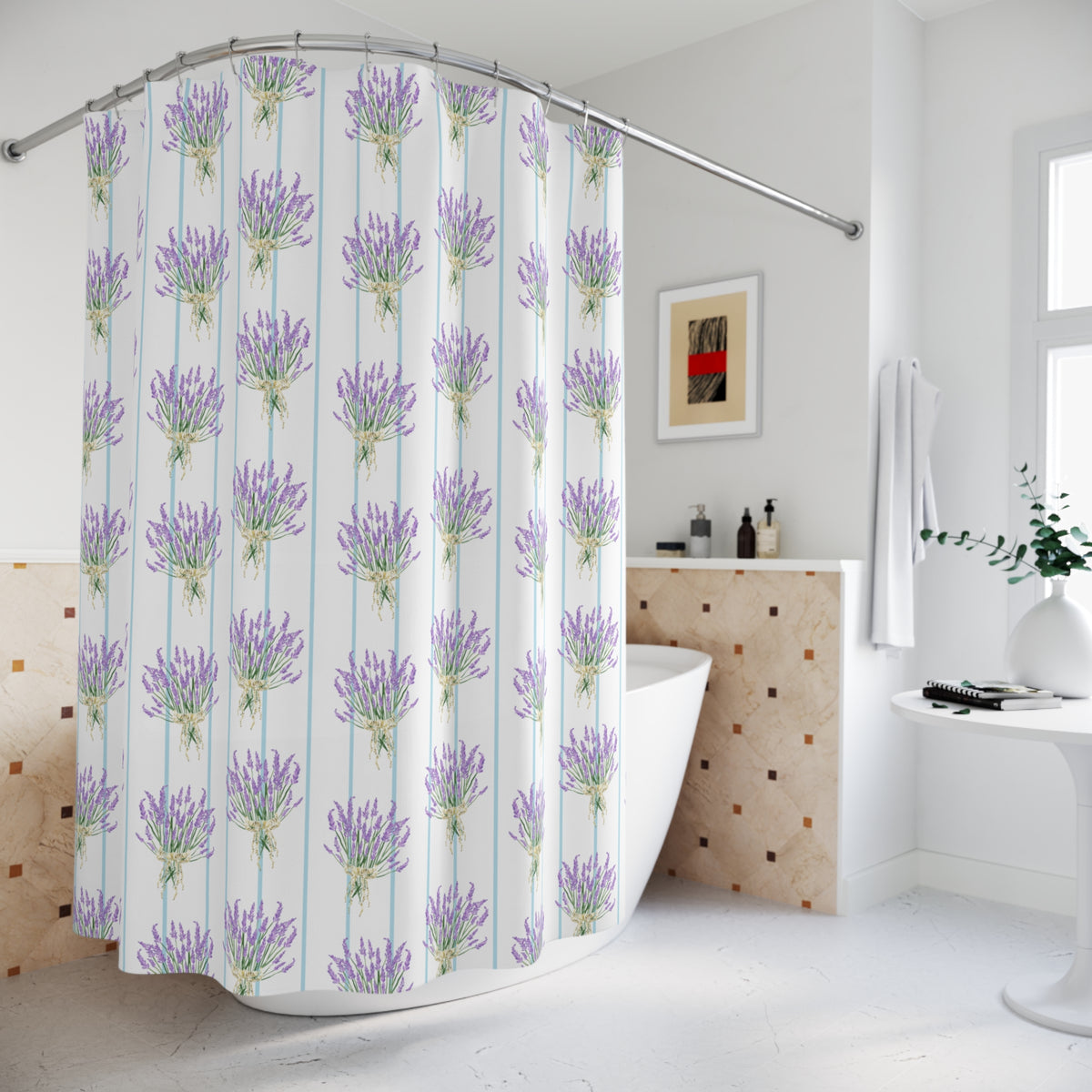 Lavender Bouquet with Light Blue Stripes - Shower Curtain