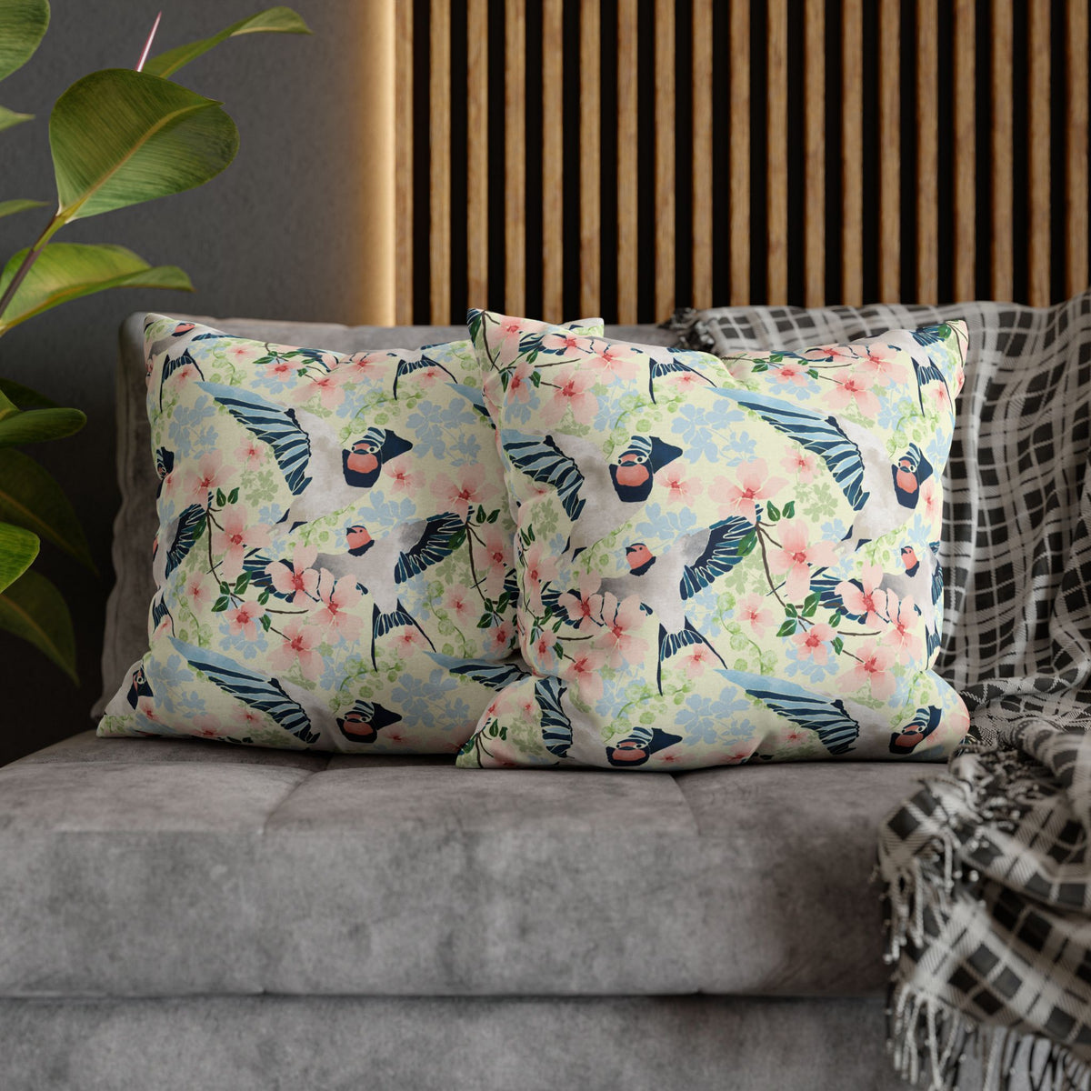 Swallows and Blossoms with Yellow - Decorative Pillow Cover