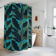 Botanical Navy Blue and Green Tropical Motif - Shower Curtain