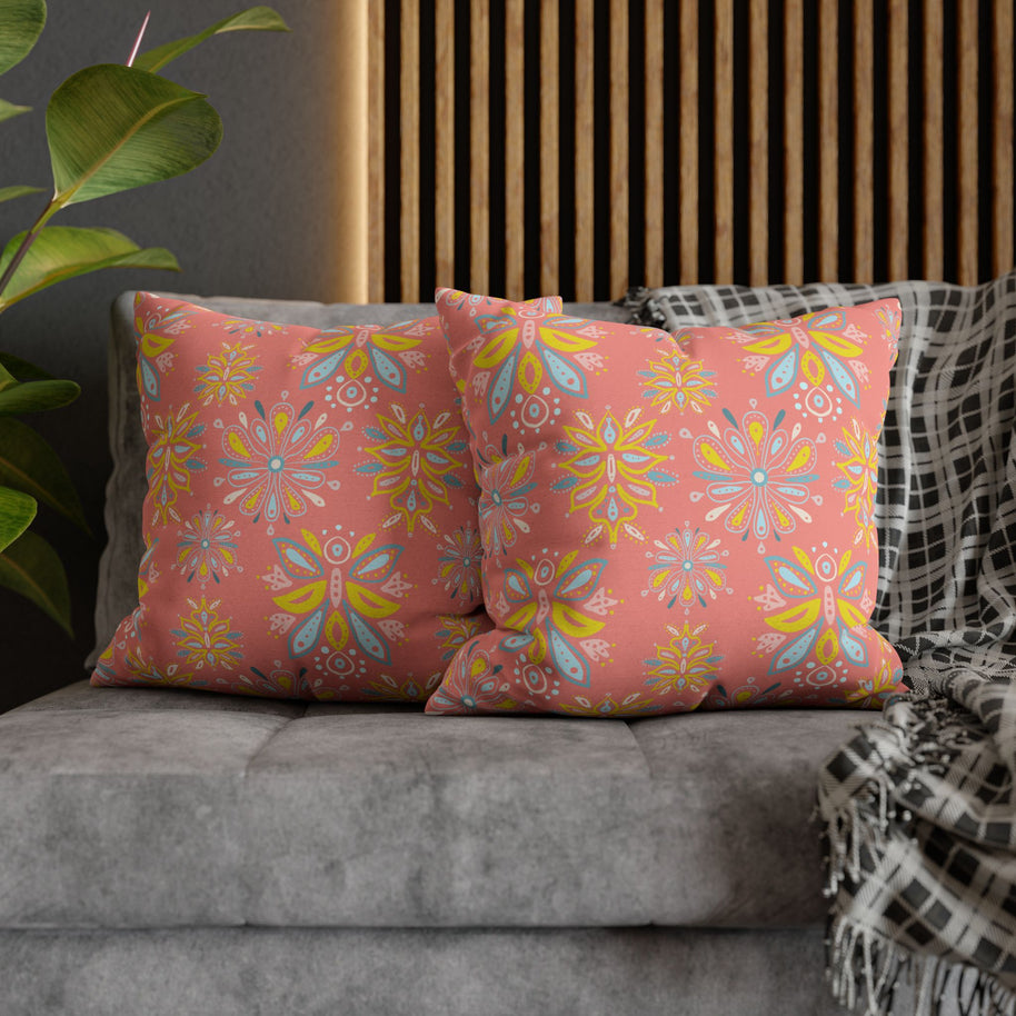 Hand Drawn Organic Pattern Yellow Blue and Pink - Decorative Pillow Cover