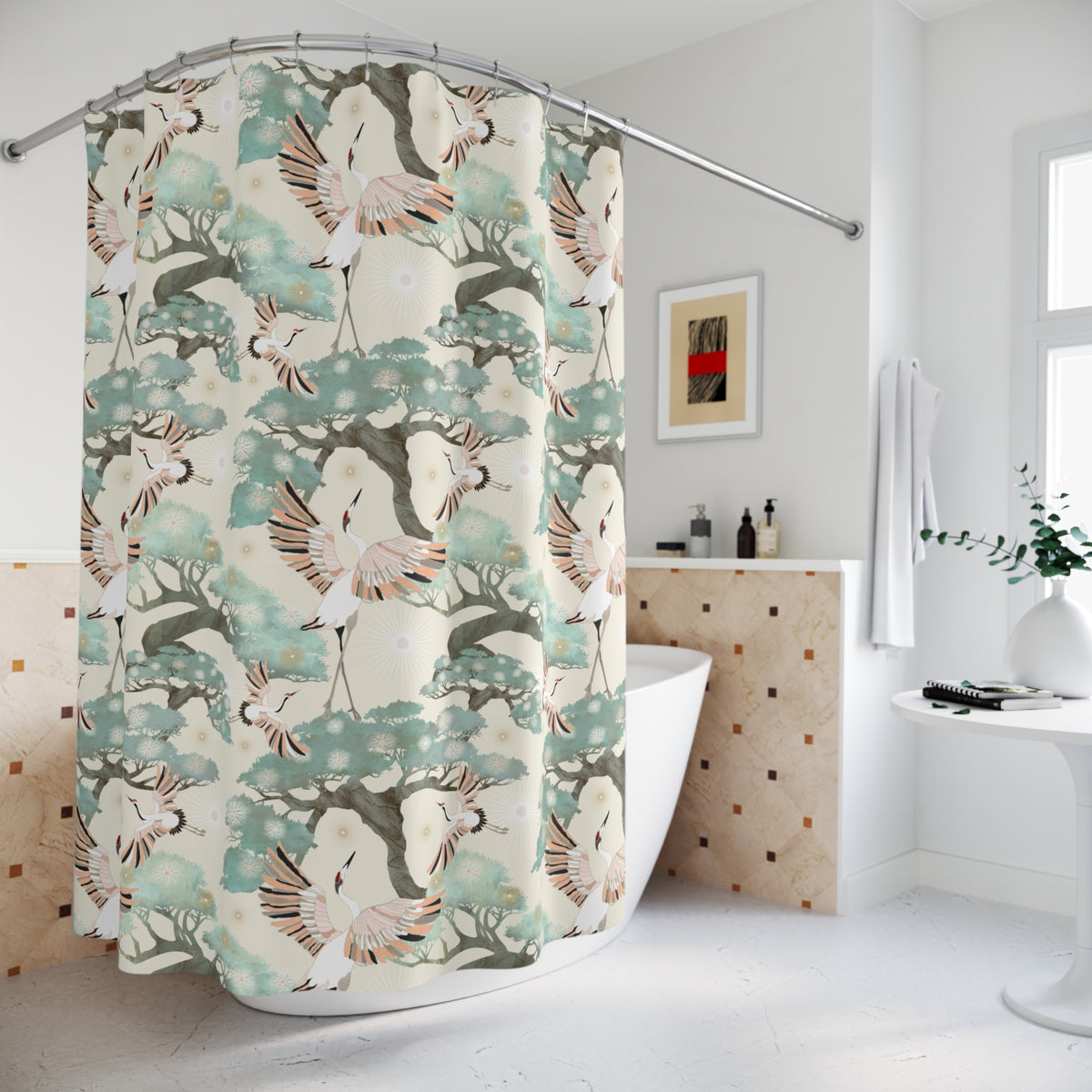 Crane and Bonsai with Cream - Shower Curtain