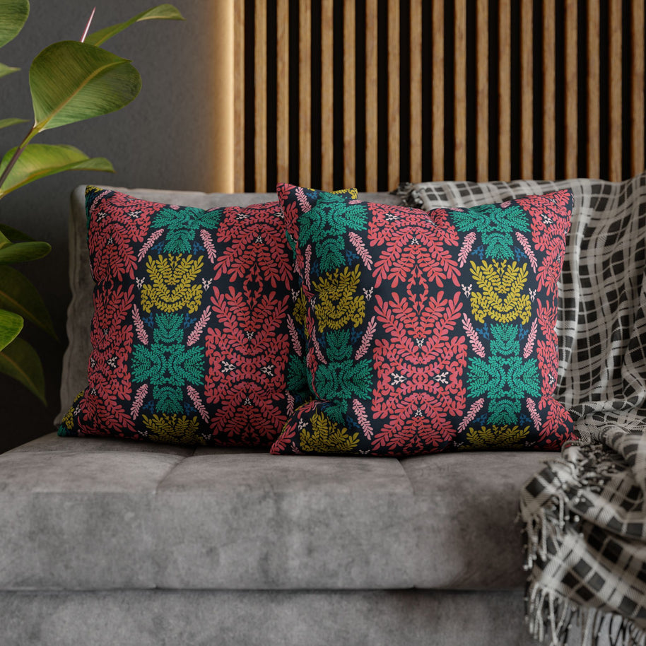 Pink Teal Blue and Mustard Botanical - Decorative Pillow Cover