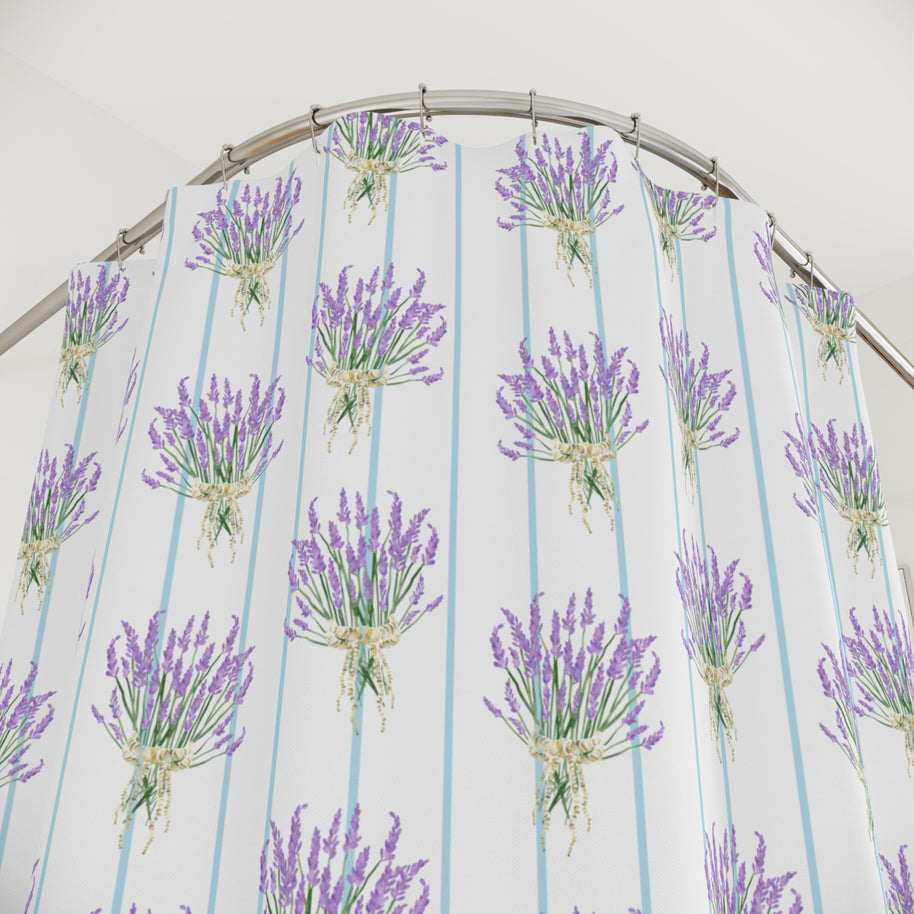Lavender Bouquet with Light Blue Stripes - Shower Curtain