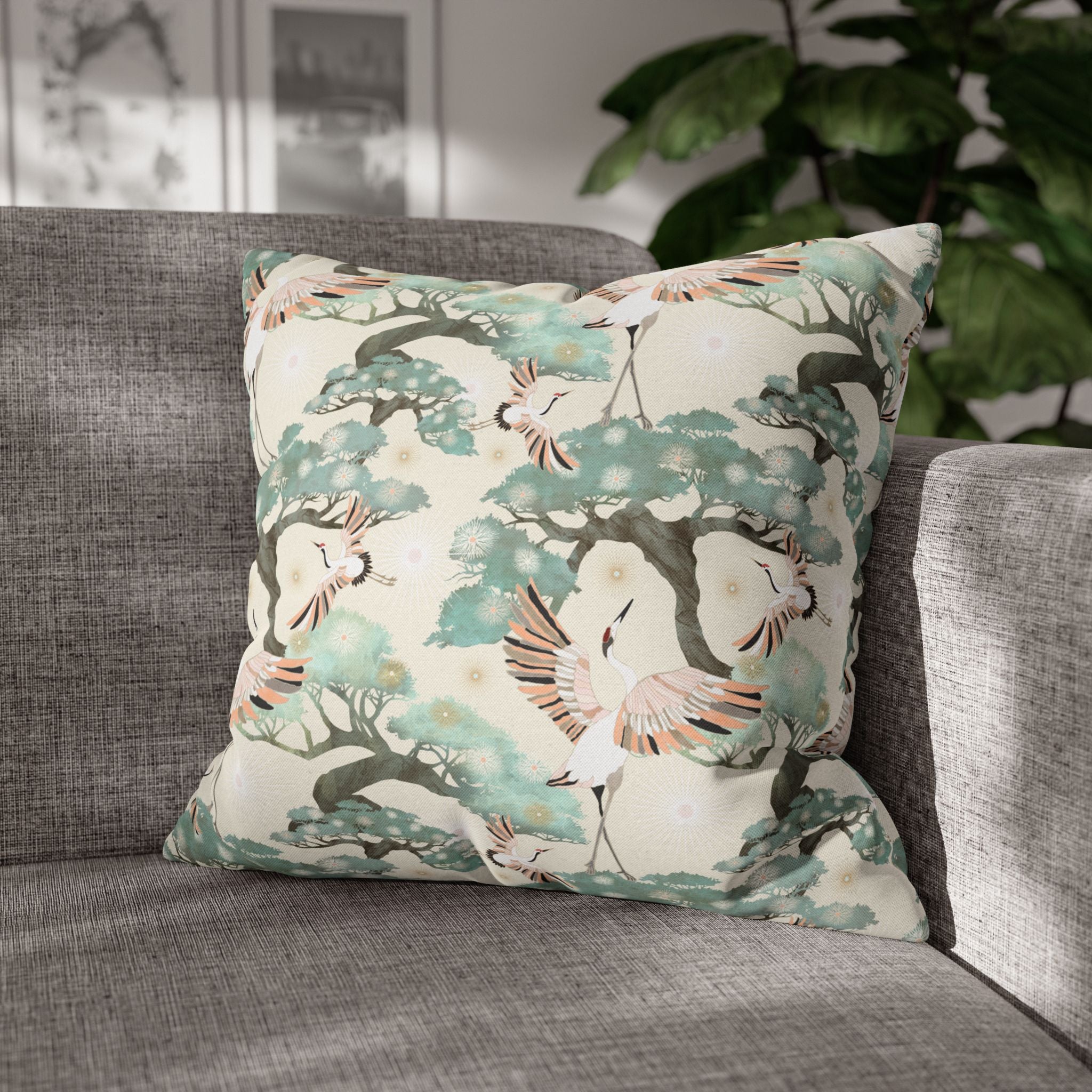 Cream Crane and Bonsai - Decorative Pillow Cover