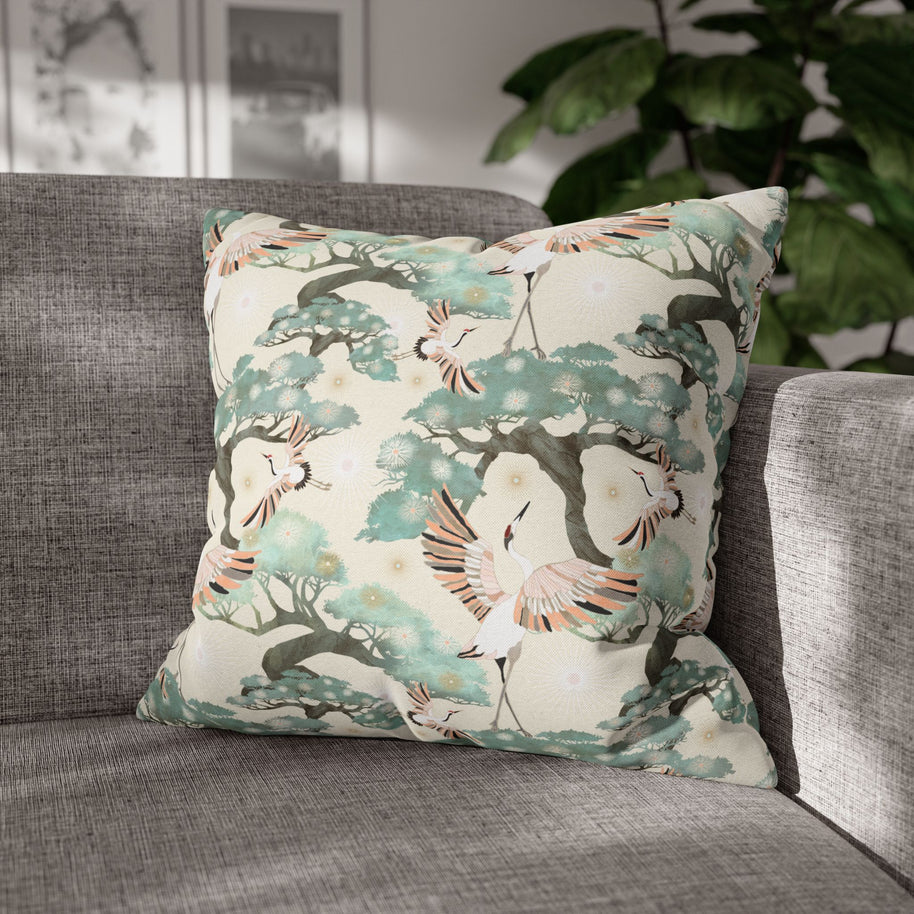 Cream Crane and Bonsai - Decorative Pillow Cover