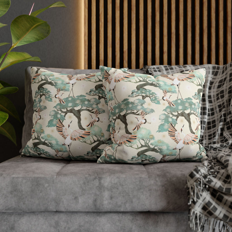 Cream Crane and Bonsai - Decorative Pillow Cover