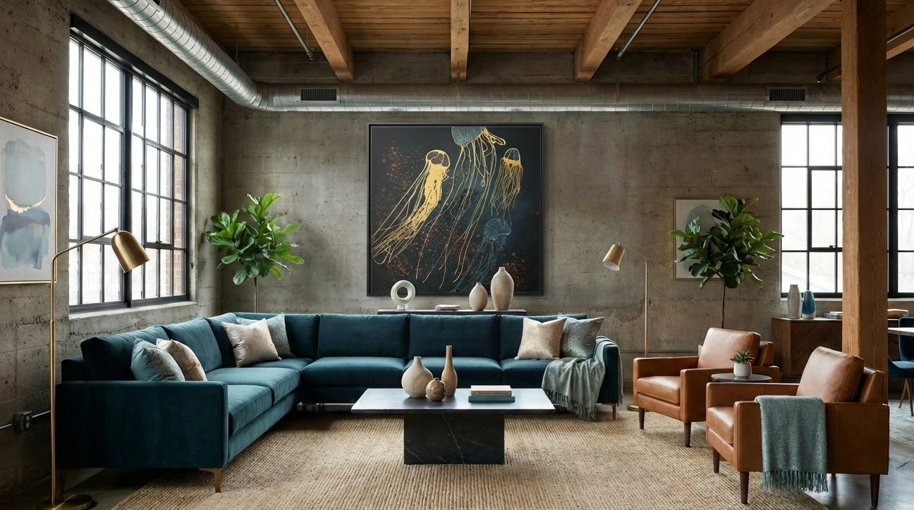 Modern living room with a blue sectional sofa, wooden chairs, and decorative elements.