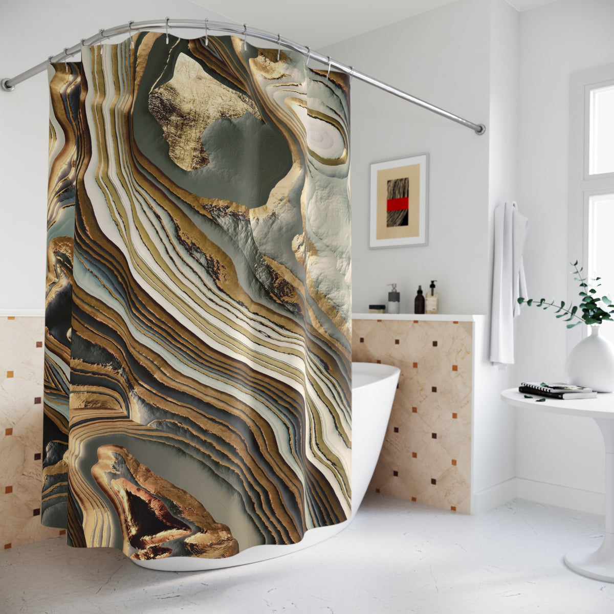 White Gold Agate Abstract - Shower Curtain