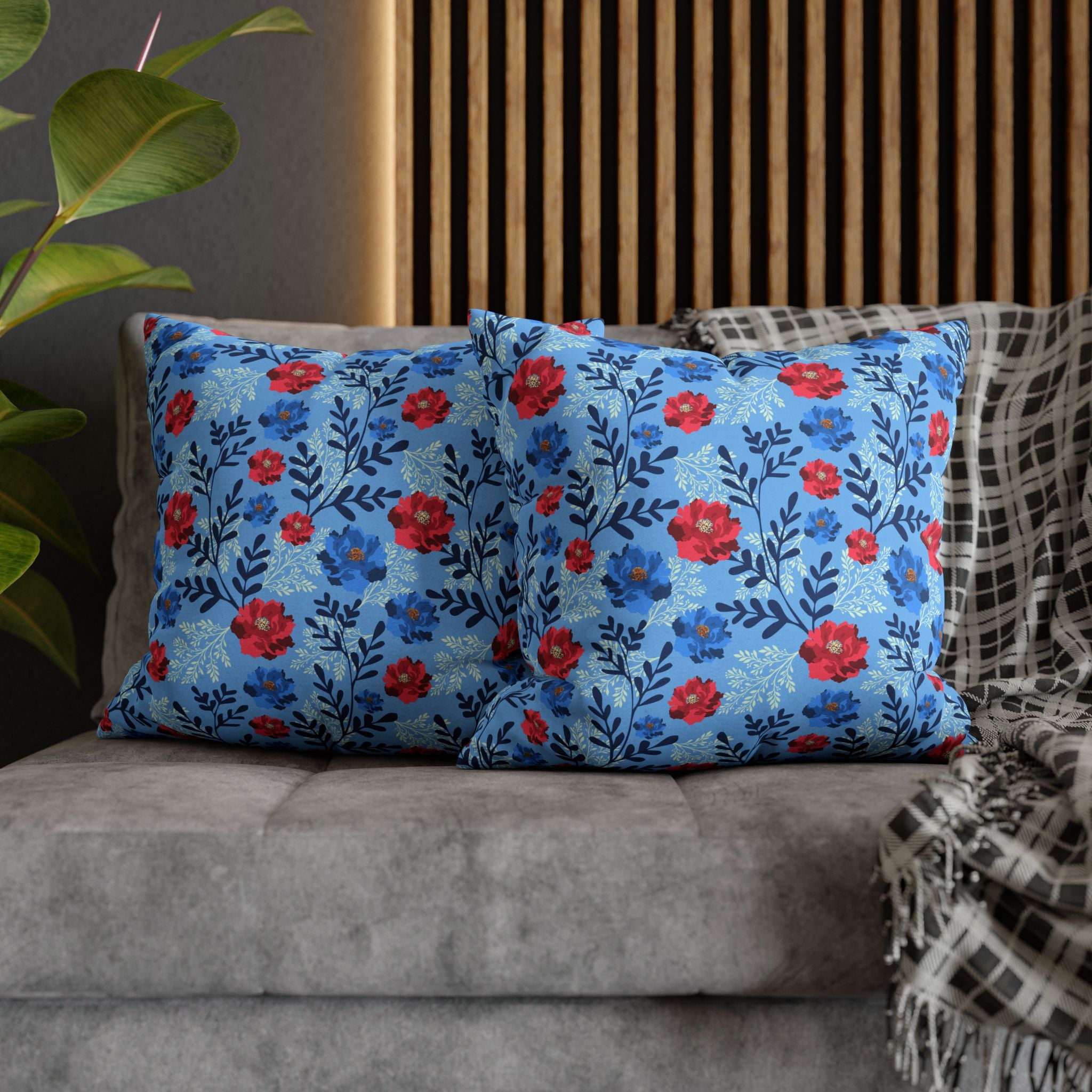 Botanical Floral Blue and Fuchsia - Decorative Pillow Cover