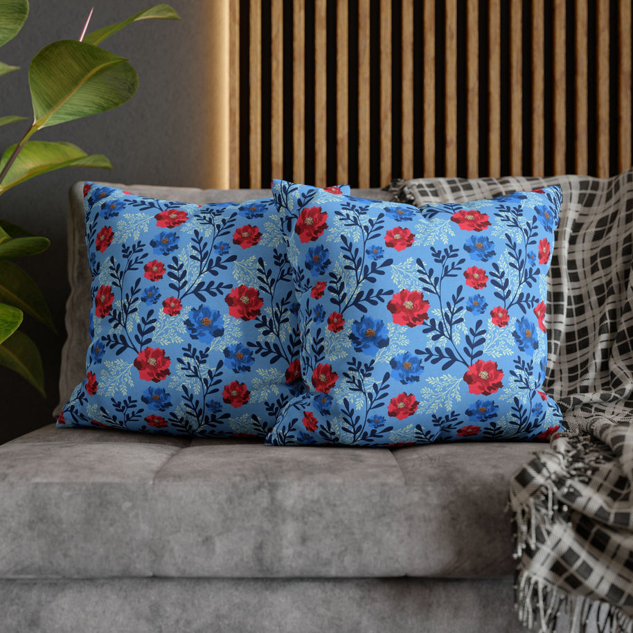 Botanical Floral Blue and Fuchsia - Decorative Pillow Cover