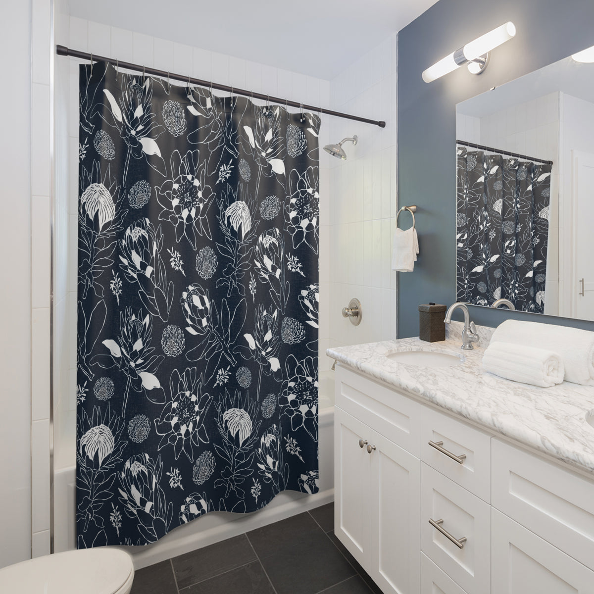Protea Navy and White - Shower Curtain