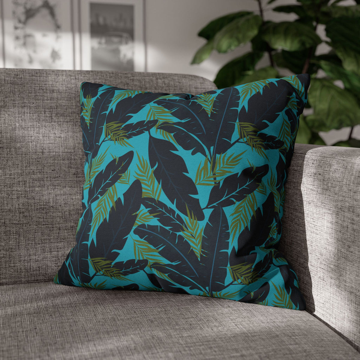 Botanical Navy Blue and Green Tropical Motif - Decorative Pillow Cover
