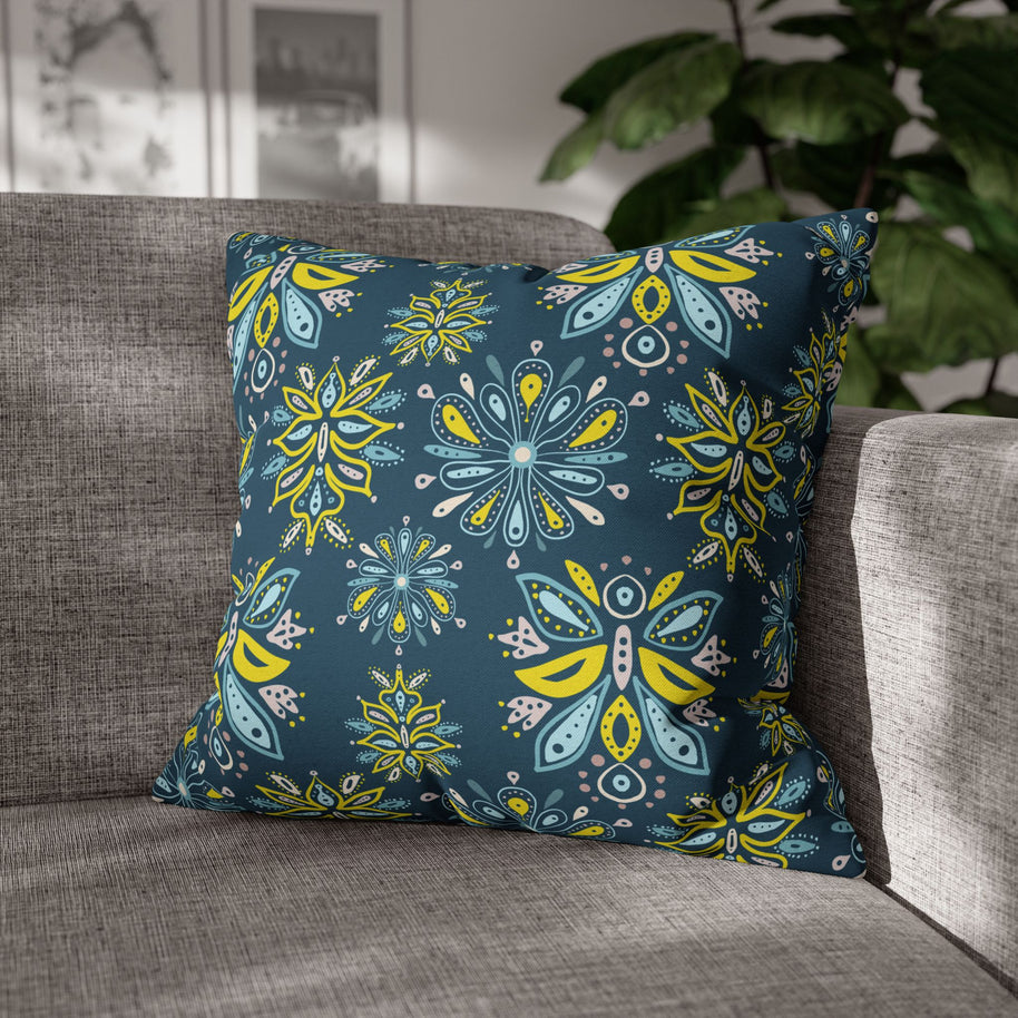 Hand Drawn Organic Pattern Yellow Blue Pink and Navy  - Decorative Pillow Cover