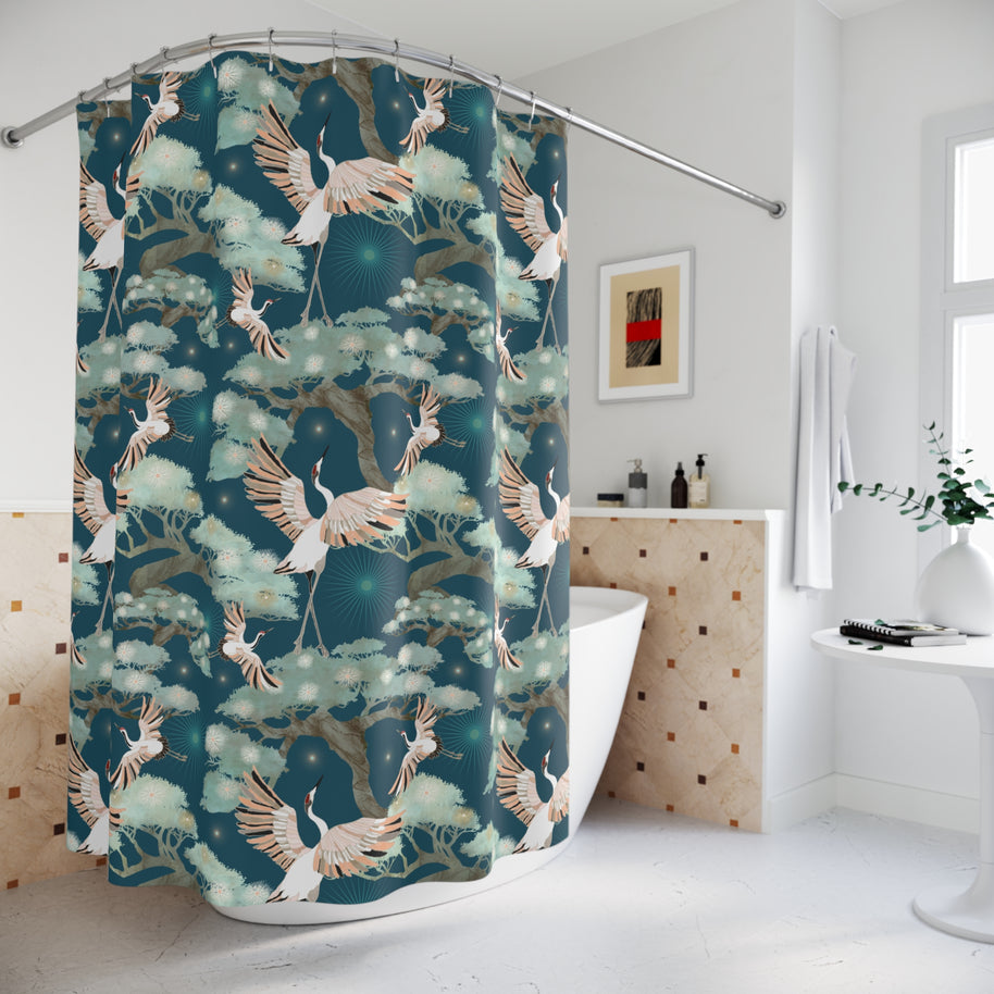 Crane and Bonsai with Teal - Shower Curtain