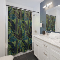 Botanical Navy Teal and Green Tropical Motif - Shower Curtain