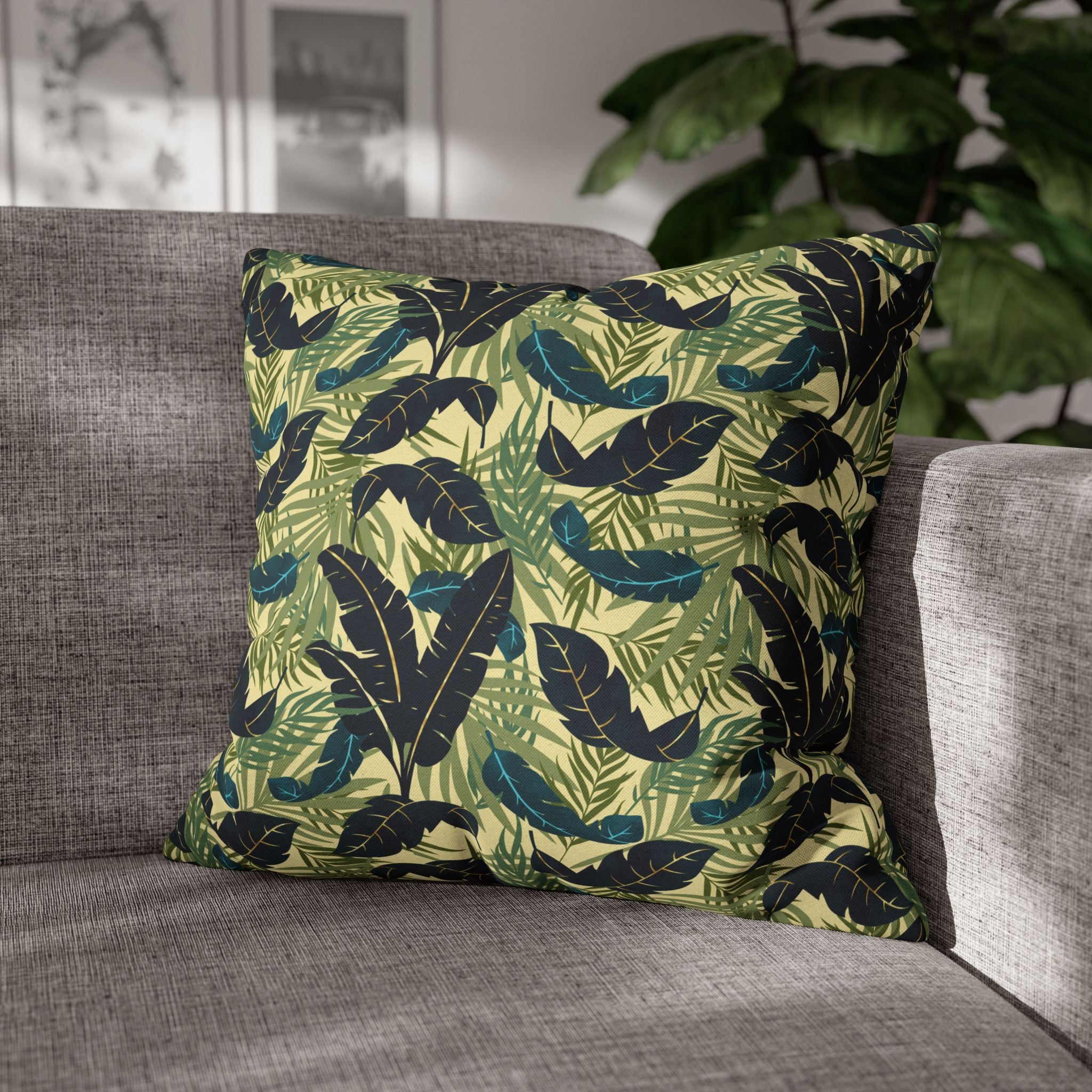 Botanical Navy Teal Green and Cream Tropical Motif - Decorative Pillow Cover