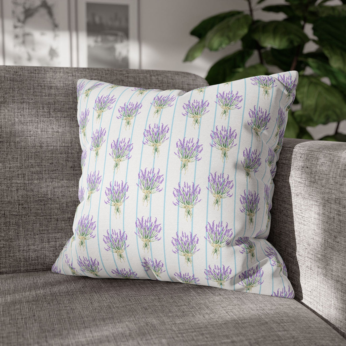 Lavender Bouquet with Light Blue Stripes - Decorative Pillow Cover