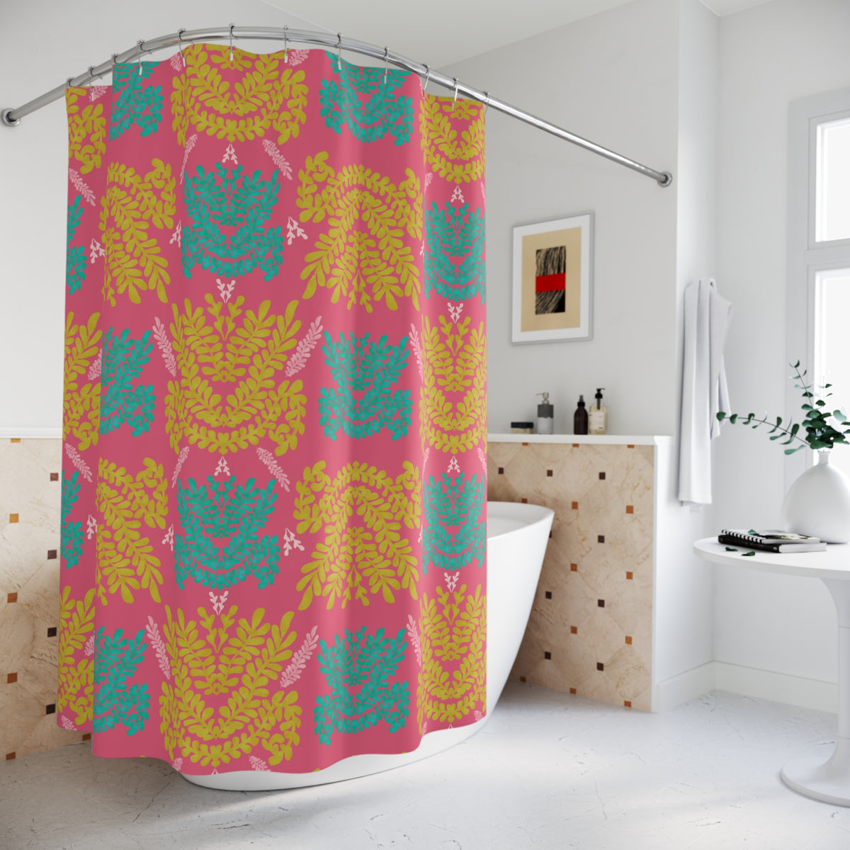 Color Pop Botanical with Mustard Teal and Pink - Shower Curtain