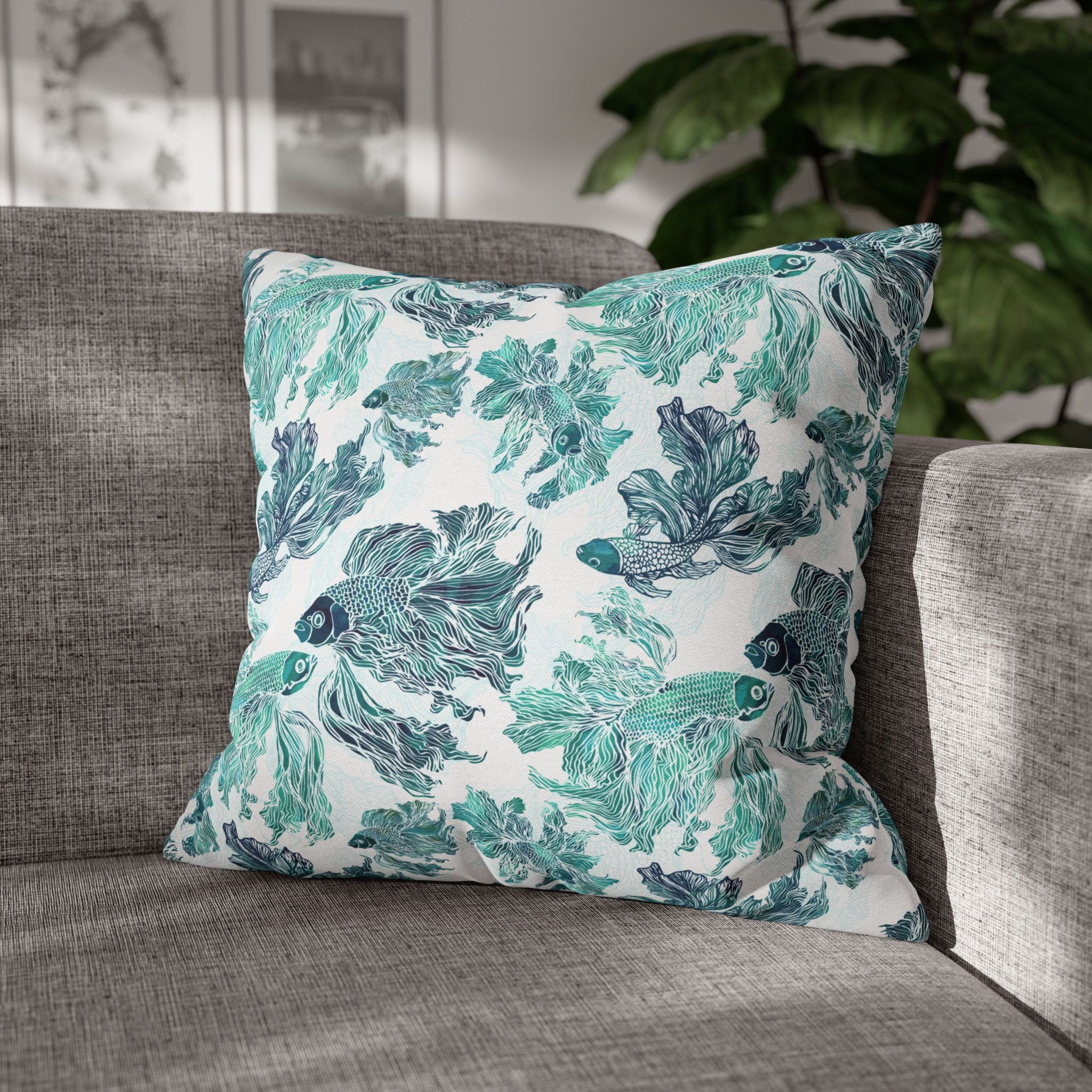 Betta Fish Pattern-Blue Teal and Green - Decorative Pillow Cover