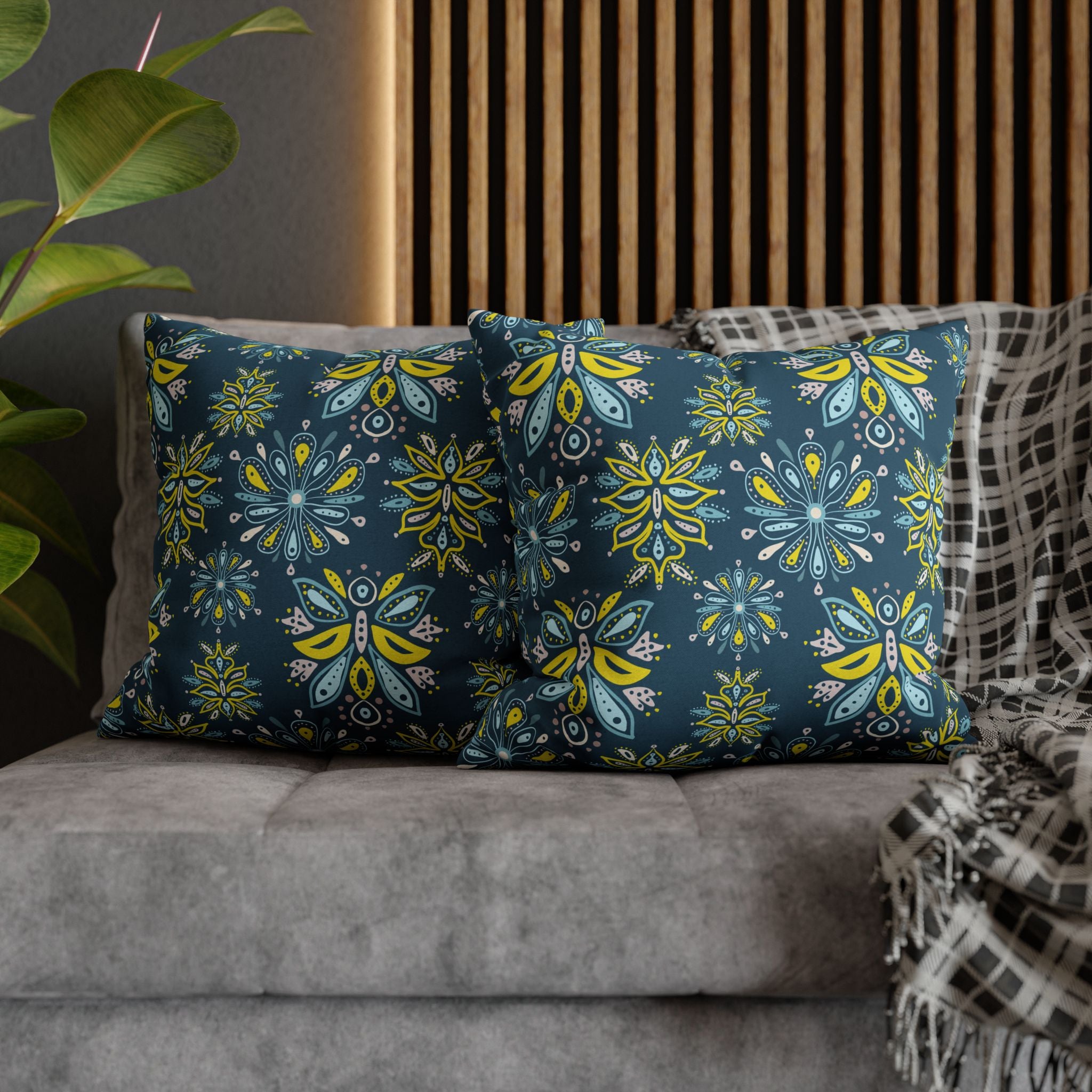 Hand Drawn Organic Pattern Yellow Blue Pink and Navy  - Decorative Pillow Cover