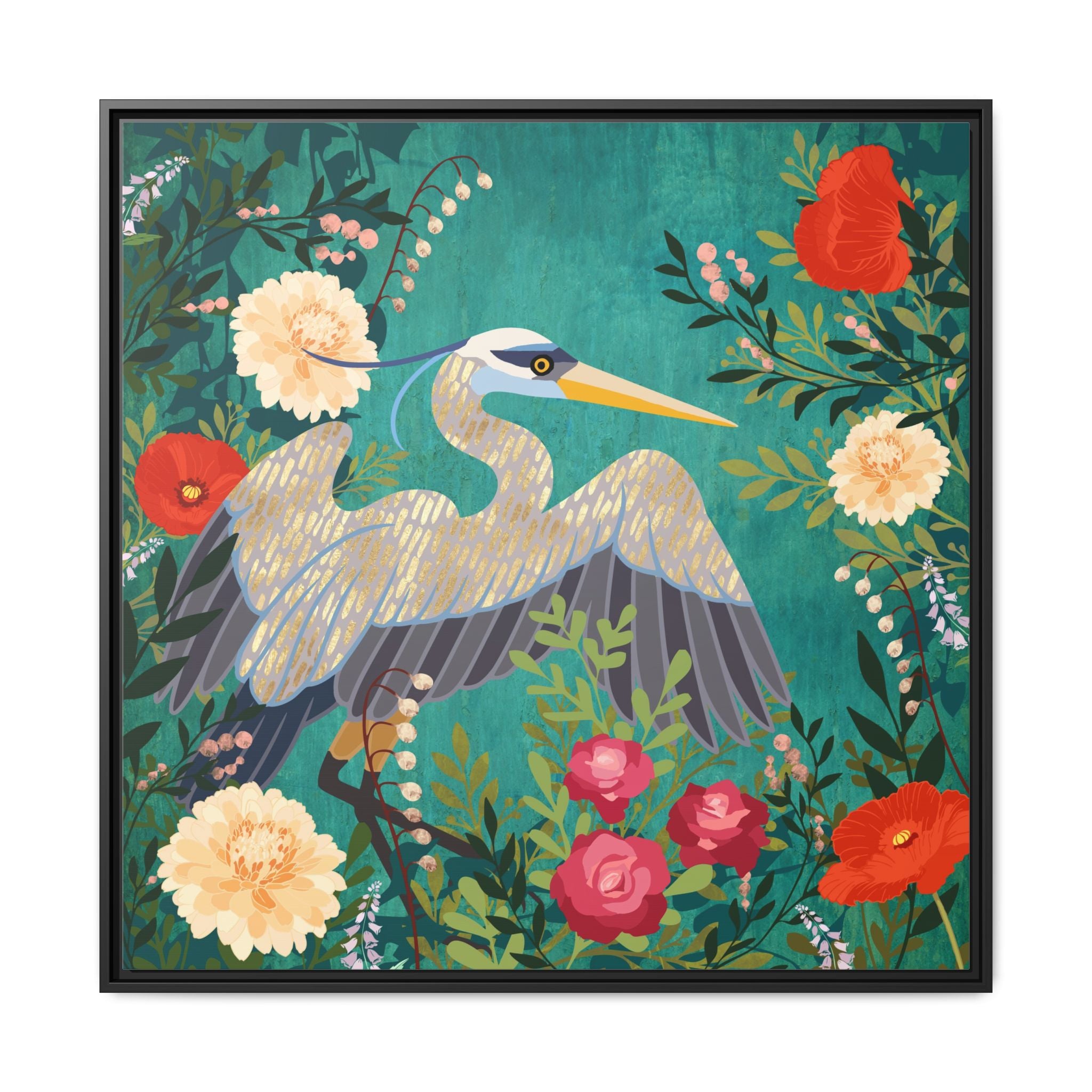 Bohemian Floral Heron - Matte Canvas, Framed (Multi-color)