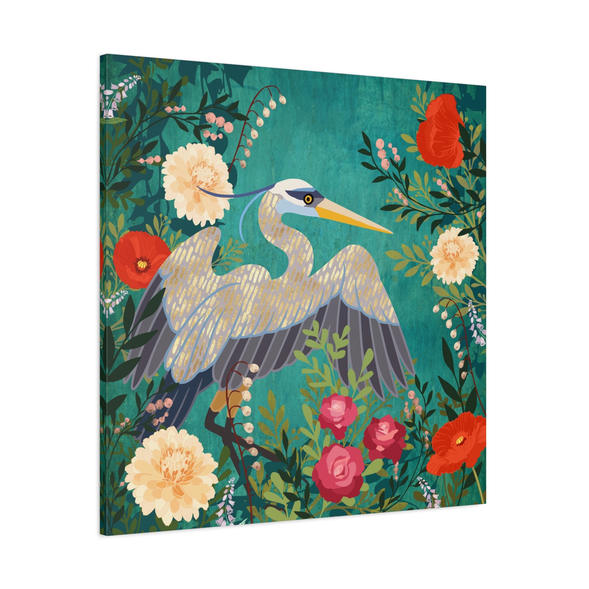 Bohemian Floral Heron Matte Canvas, Stretched, No Frame
