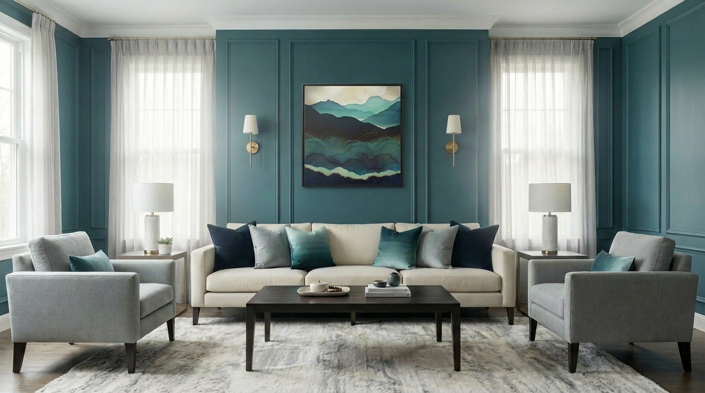 Modern living room with teal walls, gray sofa, and decorative items.