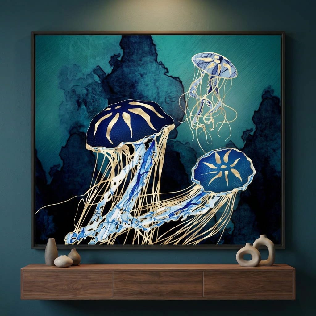 Metallic Jellyfish III - Matte Canvas, Framed (Multi-color)