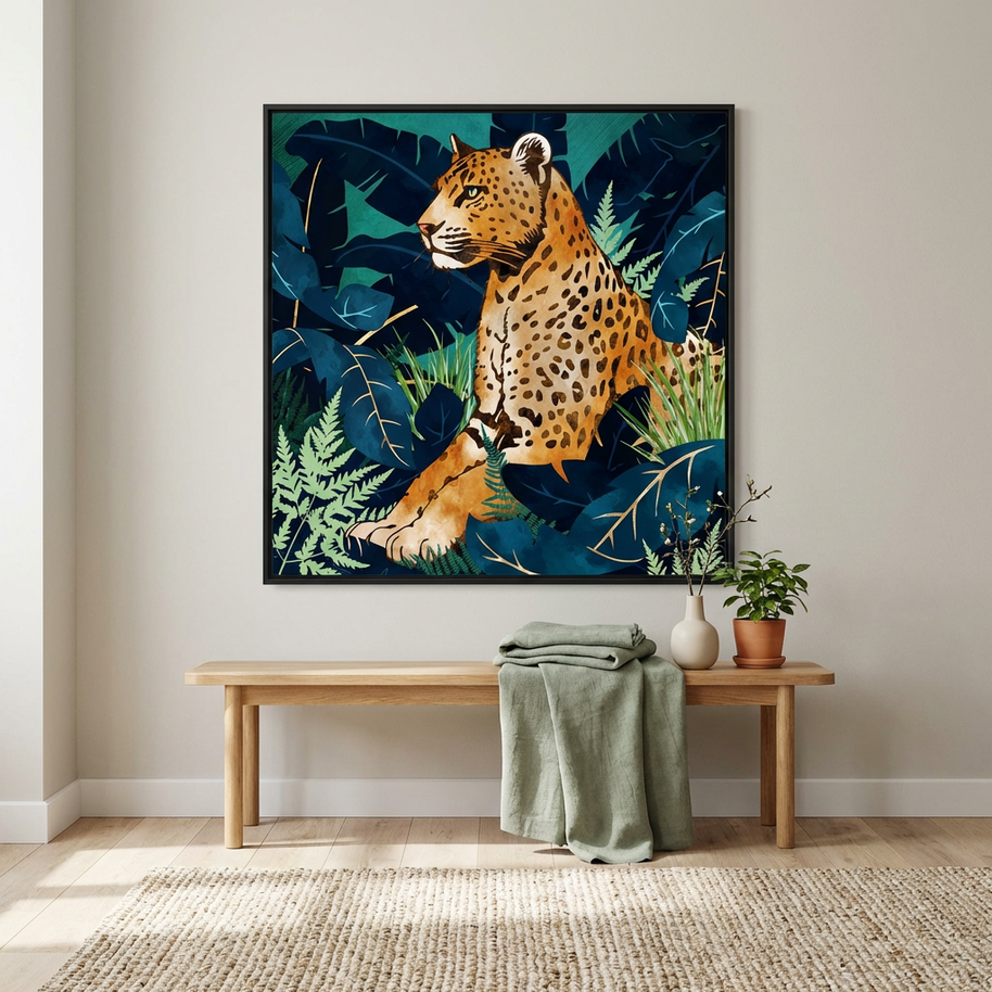 Leopard and Indigo Botanical - Matte Canvas, Framed (Multi-color)