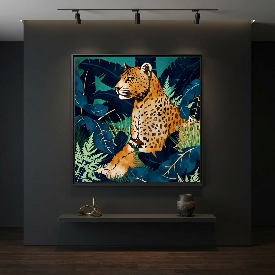 Leopard and Indigo Botanical - Matte Canvas, Framed (Multi-color)