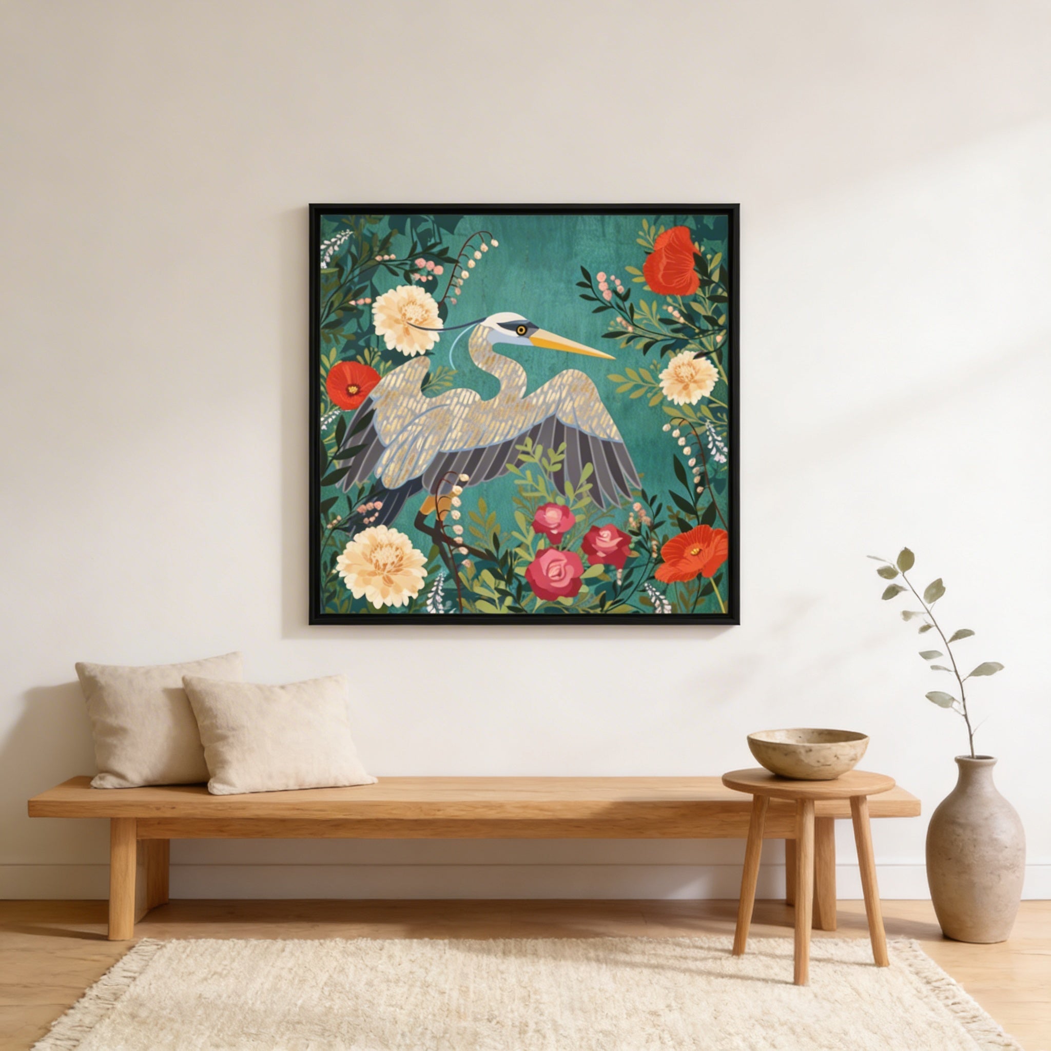 Bohemian Floral Heron - Matte Canvas, Framed (Multi-color)
