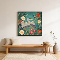 Bohemian Floral Heron - Matte Canvas, Framed (Multi-color)