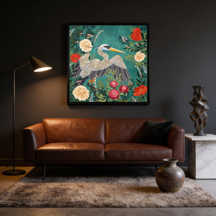 Bohemian Floral Heron - Matte Canvas, Framed (Multi-color)