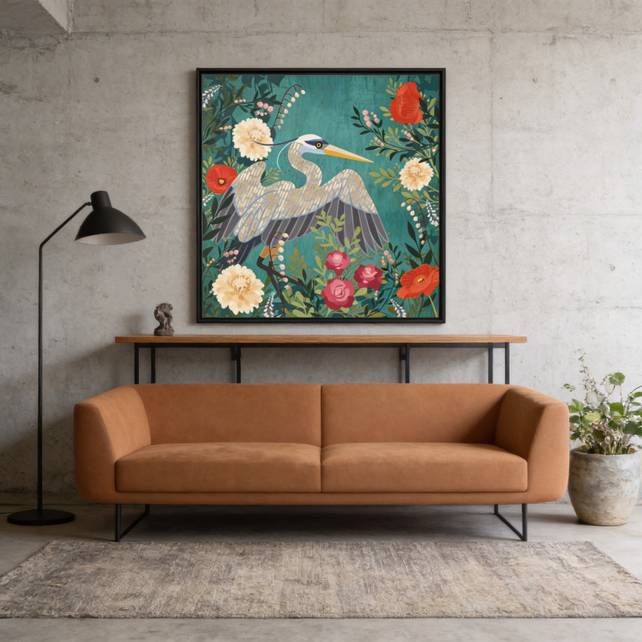 Bohemian Floral Heron - Matte Canvas, Framed (Multi-color)