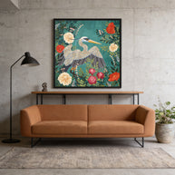 Bohemian Floral Heron - Matte Canvas, Framed (Multi-color)