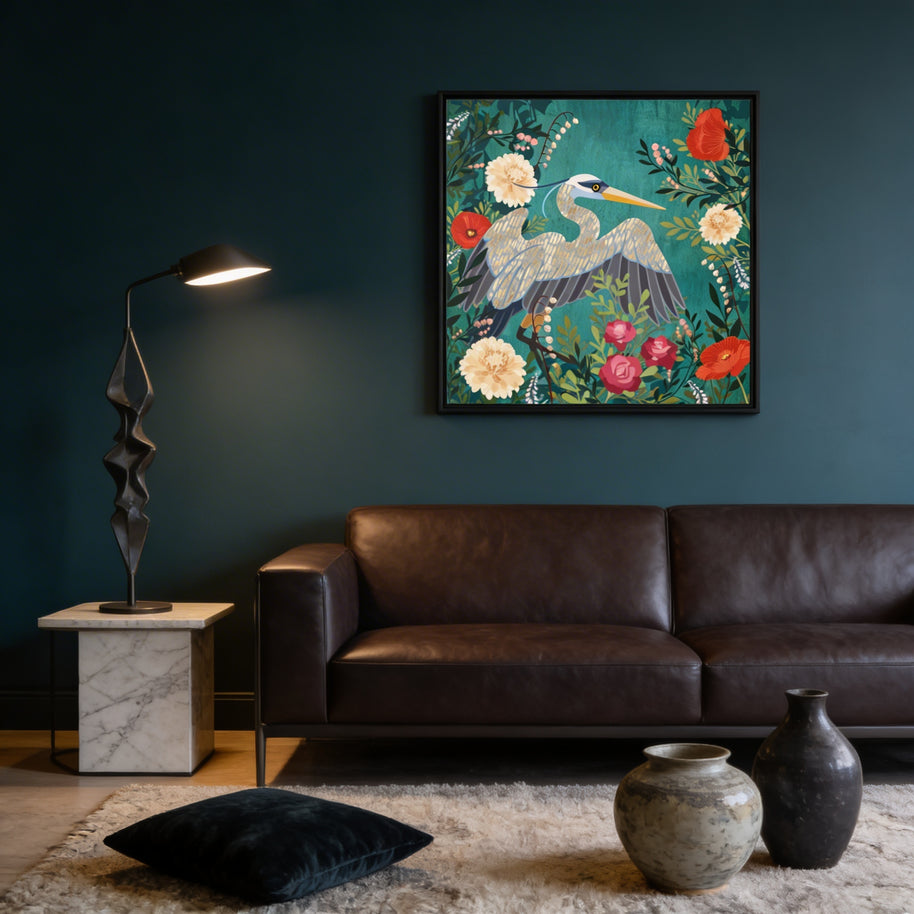 Bohemian Floral Heron - Matte Canvas, Framed (Multi-color)