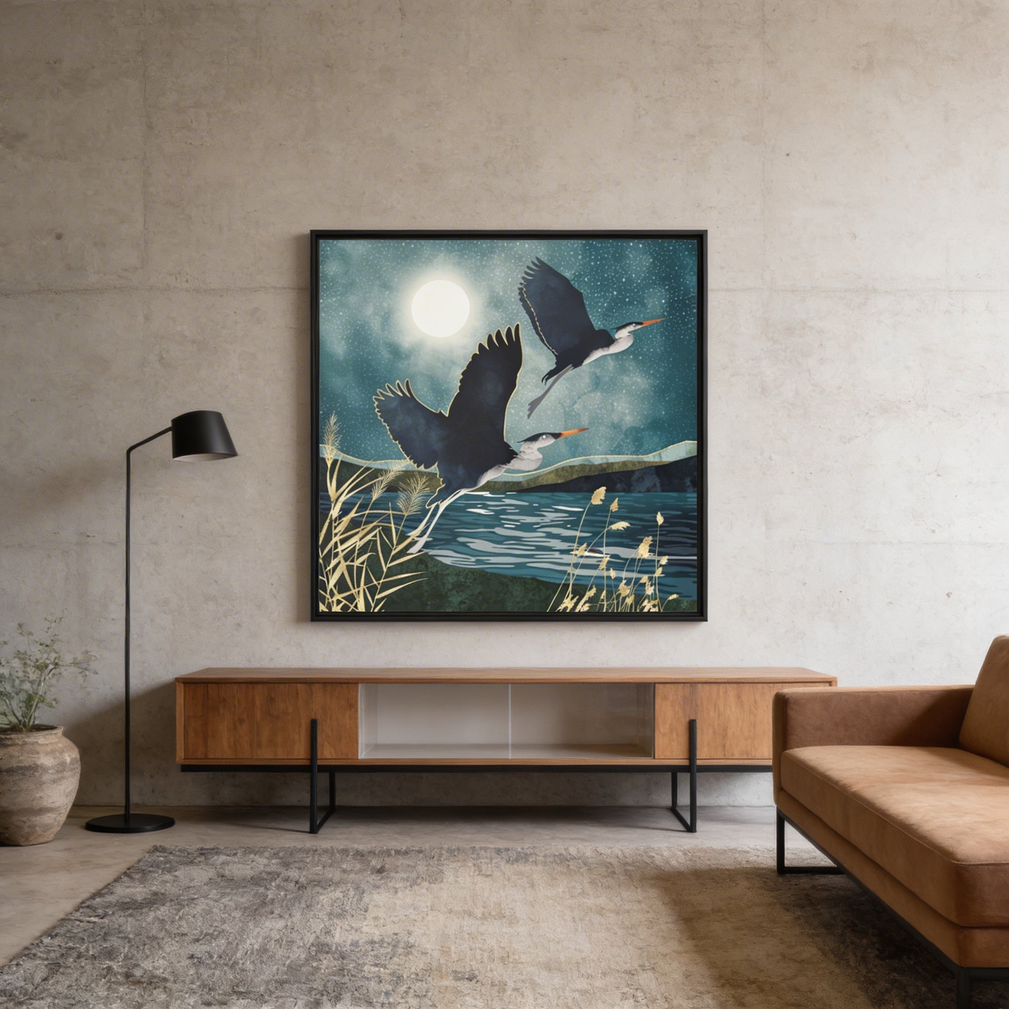 Evening Heron - Matte Canvas, Framed (Multi-color)